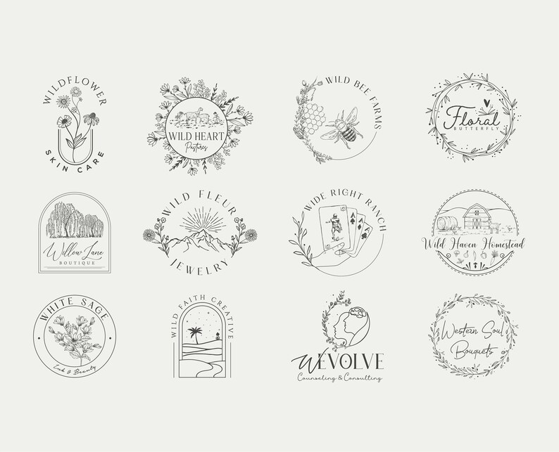 May include: A collection of 10 black and white logo designs for various businesses. The logos feature floral elements, animals, and text. Some of the logos include the words "Wild Heart Pastries", "Wild Bee Farms", "Wild Fleur Jewelry", "Wild Haven Homestead", "Western Soul Bouquets", and "Willow Jane Boutique".