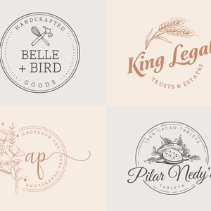 May include: Four different logo designs. The first logo is a black and white circle with the text "HANDCRAFTED BELLE + BIRD GOODS". The second logo is a brown wheat stalk with the text "King Legal TRUSTS & ESTATES". The third logo is a brown floral design with the text "ANDERSON PROJECTS QUEENSLAND ap". The fourth logo is a black and white circle with the text "100% CACAO TABLETS Pilar Nedy's TABLEYA".