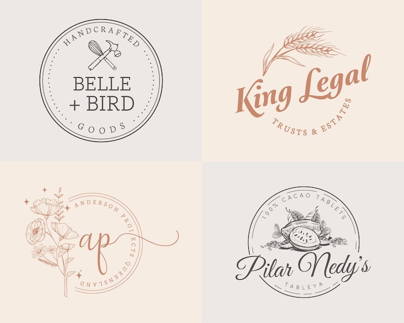 May include: Four different logo designs. The first logo is a black and white circle with the text "HANDCRAFTED BELLE + BIRD GOODS". The second logo is a brown wheat stalk with the text "King Legal TRUSTS & ESTATES". The third logo is a brown floral design with the text "ANDERSON PROJECTS QUEENSLAND ap". The fourth logo is a black and white circle with the text "100% CACAO TABLETS Pilar Nedy's TABLEYA".