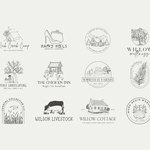 May include: A collection of 10 hand-drawn logo designs for various businesses. The logos feature illustrations of a tent, high heels, a cabin, a willow tree, a house, a cow, a chicken coop, a farm, a pine tree, and a dress.