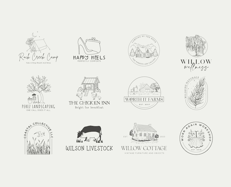 May include: A collection of 10 hand-drawn logo designs for various businesses. The logos feature illustrations of a tent, high heels, a cabin, a willow tree, a house, a cow, a chicken coop, a farm, a pine tree, and a dress.
