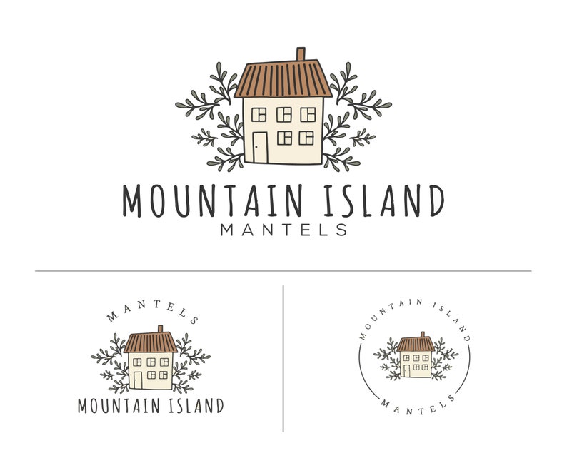 May include: A logo for Mountain Island Mantels featuring a hand-drawn illustration of a house with a brown roof and white walls surrounded by green foliage. The text "Mountain Island Mantels" is written below the house.