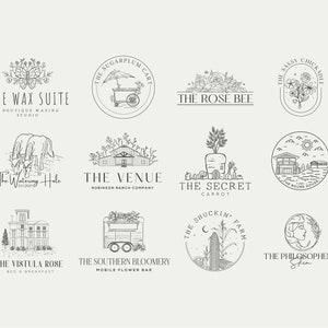 May include: A collection of 10 black and white logo designs for various businesses. The logos feature illustrations of a butterfly, a cart, a rose, a horse, a barn, a carrot, a house, a flower truck, a cactus, and a woman's face.