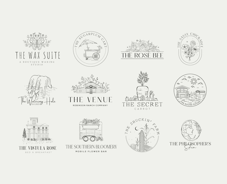 May include: A collection of 10 black and white logo designs for various businesses. The logos feature illustrations of a butterfly, a cart, a rose, a horse, a barn, a carrot, a house, a flower truck, a cactus, and a woman's face.