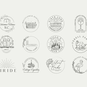May include: A collection of 10 black and white logo designs for various businesses. The logos feature illustrations of houses, a brick wall, a church, a cabin, cows, a flamingo, a sun, a lighthouse, and a pair of girls. Each logo is surrounded by a circle and includes text.