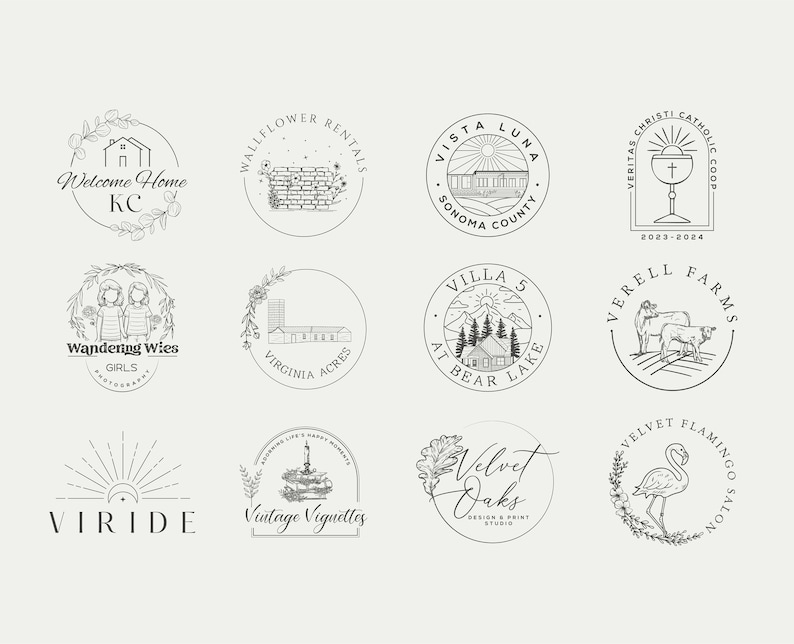 May include: A collection of 10 black and white logo designs for various businesses. The logos feature illustrations of houses, a brick wall, a church, a cabin, cows, a flamingo, a sun, a lighthouse, and a pair of girls. Each logo is surrounded by a circle and includes text.
