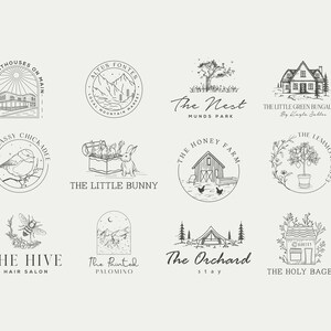 May include: A collection of 10 black and white hand-drawn logo designs for various businesses. The logos feature illustrations of a house, a bird, a bunny, a bee, a mountain, a tree, a lemon tree, a barn, a tent, and a bagel shop.