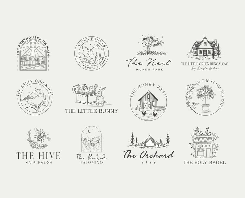 May include: A collection of 10 black and white hand-drawn logo designs for various businesses. The logos feature illustrations of a house, a bird, a bunny, a bee, a mountain, a tree, a lemon tree, a barn, a tent, and a bagel shop.