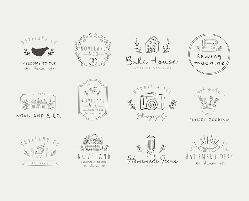 May include: A collection of 10 hand-drawn logo designs for small businesses. The logos feature illustrations of a chicken, a house, a sewing machine, a camera, a bowl of cooking utensils, a basket of produce, a blender, and a pincushion. The logos are all in black and white and have a rustic, vintage aesthetic.