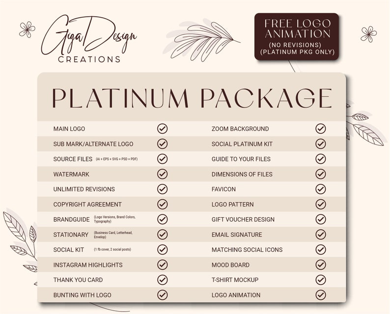 May include: A checklist of services included in a Platinum Package for logo design. The services include a main logo, sub mark, source files, watermark, unlimited revisions, copyright agreement, brand guide, stationery, social kit, Instagram highlights, thank you card, bunting with logo, zoom background, social platinum kit, guide to your files, dimensions of files, favicon, logo pattern, gift voucher design, email signature, matching social icons, mood board, t-shirt mockup, and logo animation.