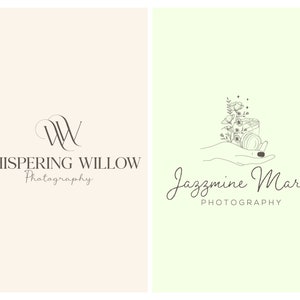 May include: Two photography business logos. The first logo is a stylized "WW" with the text "Whispering Willow Photography" below. The second logo is a hand holding a camera with flowers growing out of it. The text "Jazzmine Marie Photography" is below the image.
