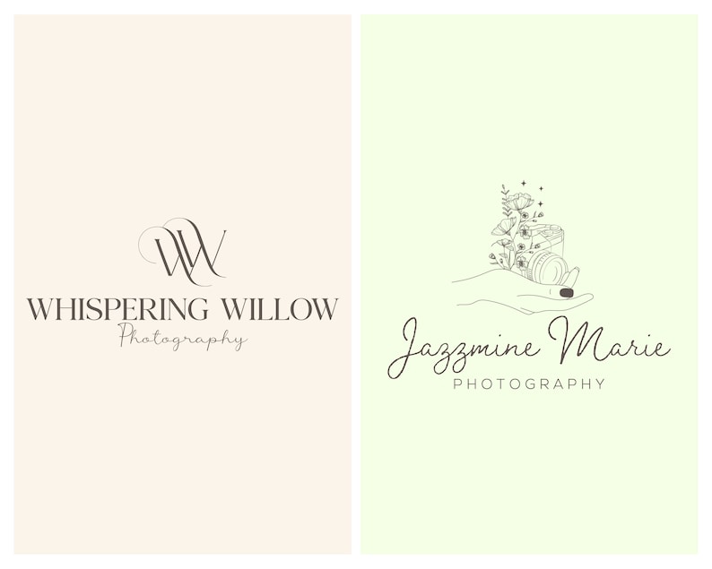 May include: Two photography business logos. The first logo is a stylized "WW" with the text "Whispering Willow Photography" below. The second logo is a hand holding a camera with flowers growing out of it. The text "Jazzmine Marie Photography" is below the image.