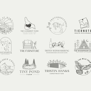 May include: A collection of 10 minimalist black and white logo designs for various businesses. The logos feature illustrations of a flower farm, a rooster, a horse, a cabin, a couch, a wine bottle, a pond, a house, and a bird.