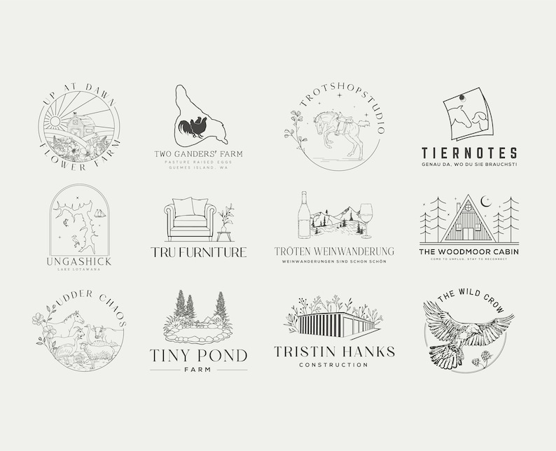 May include: A collection of 10 minimalist black and white logo designs for various businesses. The logos feature illustrations of a flower farm, a rooster, a horse, a cabin, a couch, a wine bottle, a pond, a house, and a bird.