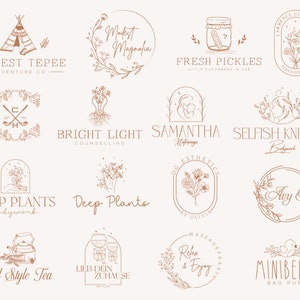 May include: A collection of 12 minimalist logo designs featuring hand-drawn illustrations of plants, flowers, and other natural elements. The logos are in a brown color scheme and have a modern, bohemian aesthetic.
