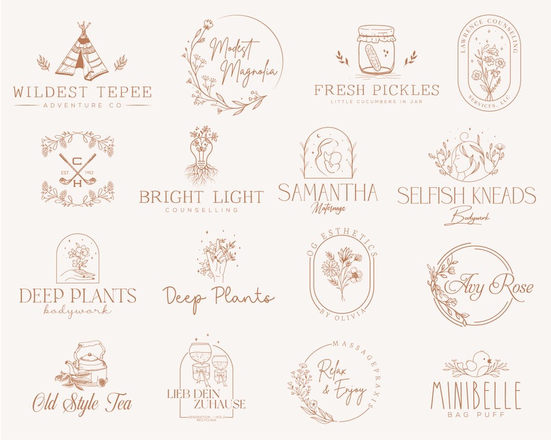 May include: A collection of 12 minimalist logo designs featuring hand-drawn illustrations of plants, flowers, and other natural elements. The logos are in a brown color scheme and have a modern, bohemian aesthetic.