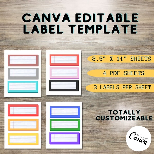 12 Bright Colorful Lined Labels Canva Template Printable PDF file Classroom Labels Customizable Labels Organizing Labels Name Tag Template