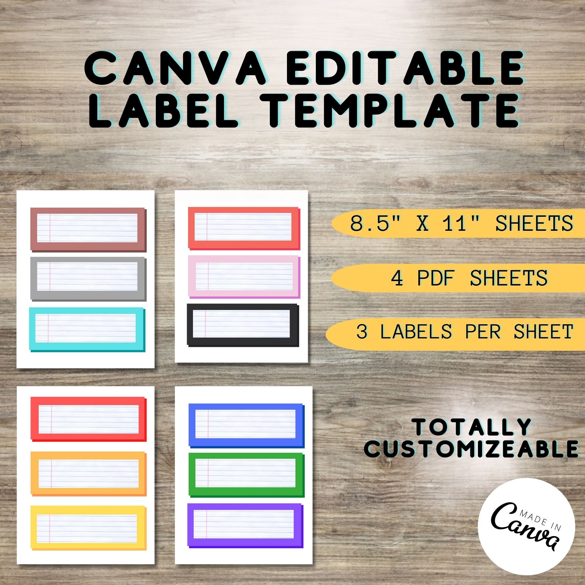 12 Bright Colorful Lined Labels Canva Template Printable PDF File ...