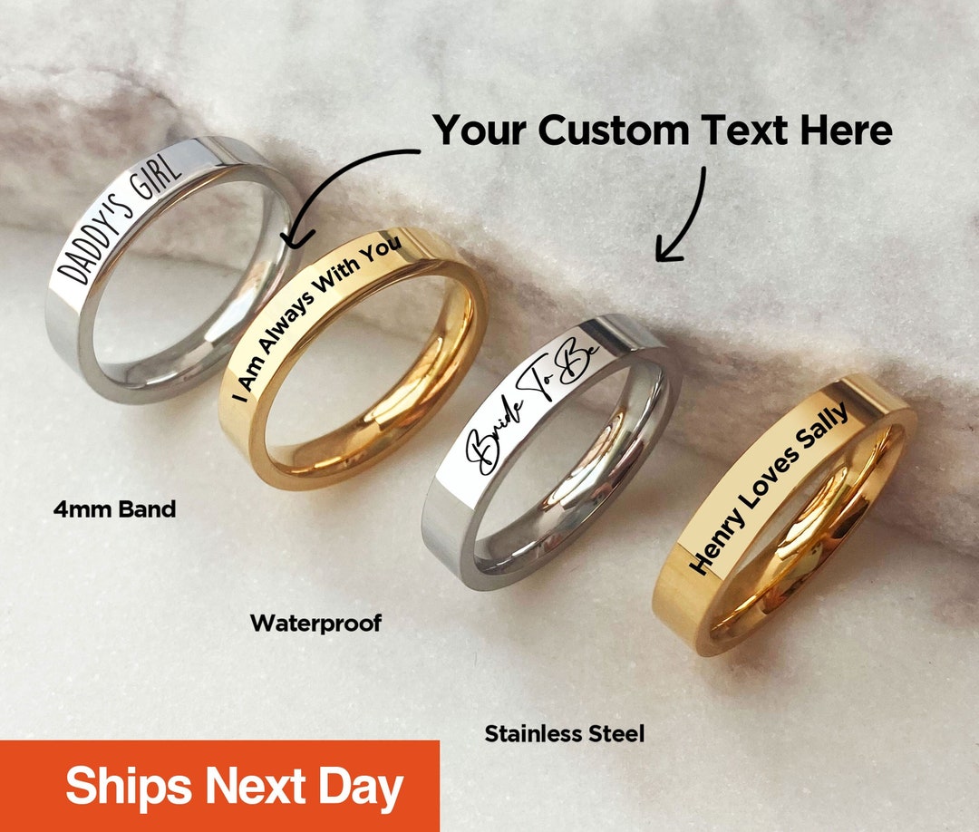 Custom Engraved Ring, Non Tarnish, Waterproof, Cursive Writing on Ring ...