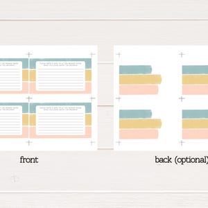 May include: A printable sheet containing four rectangular cards with a front and back design. The front features horizontal lines for writing, accented by blue, yellow, and pink brushstroke bars. The back displays matching blue, yellow, and pink bars.