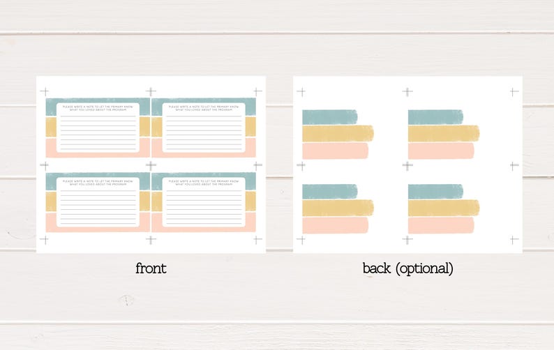 May include: A printable sheet containing four rectangular cards with a front and back design. The front features horizontal lines for writing, accented by blue, yellow, and pink brushstroke bars. The back displays matching blue, yellow, and pink bars.