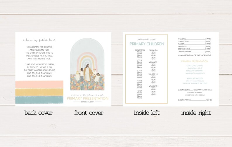 May include: A folded program booklet featuring a front cover with an illustration of a figure among children under a rainbow arch, titled Primary Presentation. The back cover displays song lyrics, while the inside panels list names and order of service.