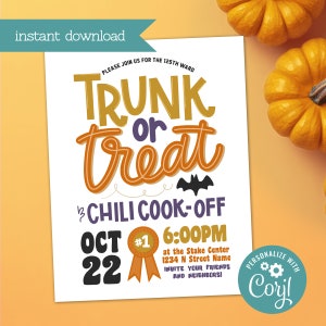 Puede incluir: Una invitación imprimible para un evento Trunk or Treat con un concurso de chili. La invitación está decorada con un murciélago y una calabaza. El evento está programado para el 22 de octubre a las 6:00 PM en el Stake Center. La invitación está personalizada con el texto "Coryl".