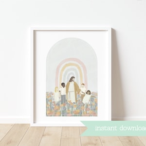 HLT Christliches Kunstwerk für Kinderzimmer - Jesus mit Kindern Aquarell - Taufe Geschenk - Dezente Neutrale Farben - Sofortiger Download
