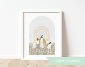 LDS Christian Artwork for Kids Room - Jesus with Children Watercolor - Baptism Gift - Subtle Neutral Colors - Instant Download