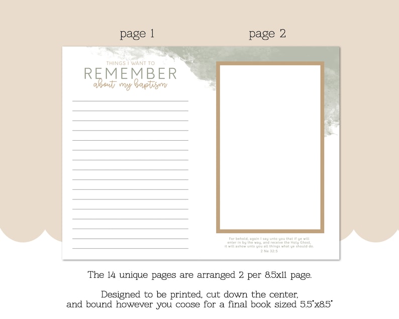 May include: A printable book template for remembering baptism details. The cover features a green watercolour background with the text "THINGS I WANT TO REMEMBER about my baptism". The inside pages are lined for writing.