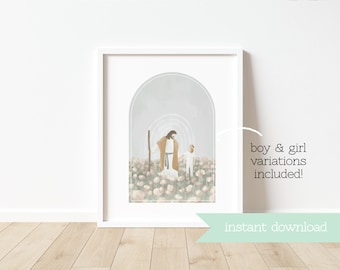 LDS Child Baptism Portrait with Jesus Printable - Personalized Baptism Art Print - Instant Download