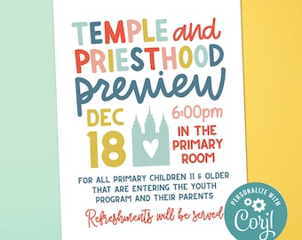Temple and Priesthood Preview Invitation Template - LDS Primary Instant Download