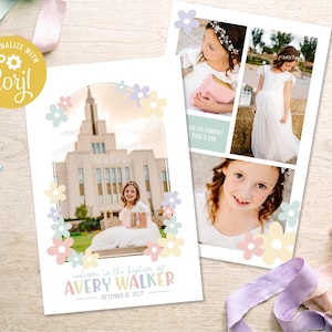May include: Two rectangular baptism invitation cards featuring photos of a child in a white dress. The cards are decorated with pastel-coloured flowers and the text "welcome to the baptism of AVERY WALKER SEPTEMBER 10, 2027" in colourful letters.