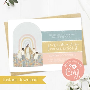 Modèle d'invitation de présentation primaire SDJ - oeuvre d'art de Jésus avec des enfants - couleurs sourdes - téléchargement immédiat