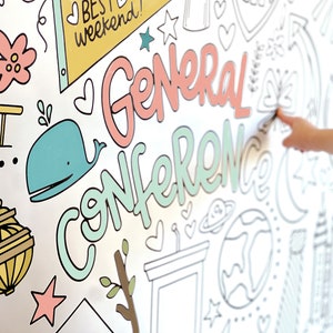 May include: A white background with colourful hand-drawn illustrations, including a whale, a star, a flower, a lamp, and the words "General Conference".