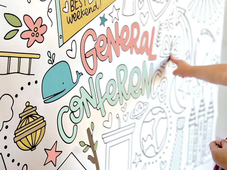 May include: A white background with colourful hand-drawn illustrations, including a whale, a star, a flower, a lamp, and the words "General Conference".