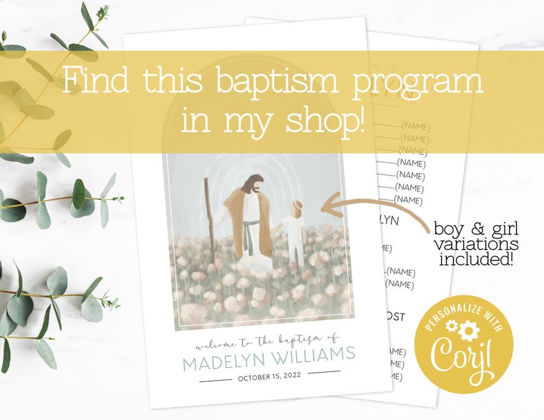 May include: A baptism program template featuring an illustration of a figure in a brown robe walking with a child through a field of flowers under an archway. The text reads Welcome to the baptism of MADELYN WILLIAMS OCTOBER 15, 2022.