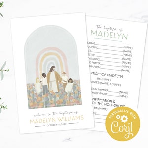 May include: A baptism invitation featuring an illustration of Jesus with children under a rainbow. The text reads "Welcome to the baptism of MADELYN WILLIAMS, October 15, 2022." A second page includes fill-in-the-blank details for the baptism.