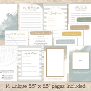 May include: A set of 14 printable pages in a watercolour style with a light blue and grey colour scheme. The pages are designed for a baptism celebration and include sections for guests to sign, a testimony, and a special note from parents. The pages are 5.5 inches by 8.5 inches.