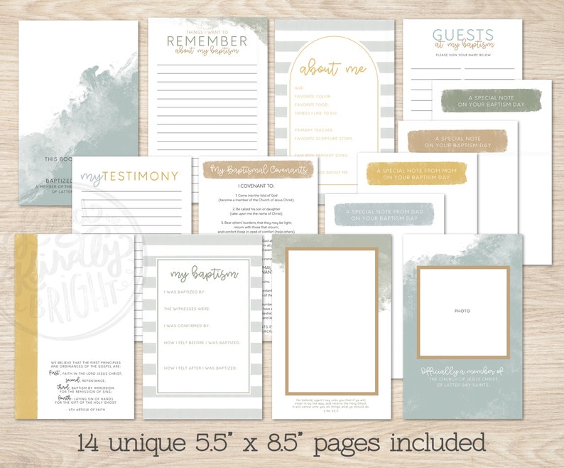 May include: A set of 14 printable pages in a watercolour style with a light blue and grey colour scheme. The pages are designed for a baptism celebration and include sections for guests to sign, a testimony, and a special note from parents. The pages are 5.5 inches by 8.5 inches.