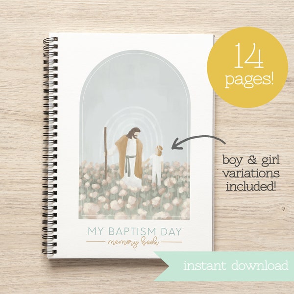 LDS Baptism Memory Book - Neutral Colors - Personalized Portrait - Jesus with Child Watercolor - Instant Download