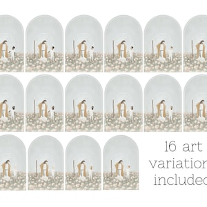 May include: A set of 16 digital illustrations featuring a man with a staff and a child standing in a field of flowers. The illustrations are in a muted colour palette with a soft, dreamy feel. The text "16 art variations included!" is at the bottom of the image.