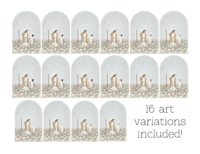 May include: A set of 16 digital illustrations featuring a man with a staff and a child standing in a field of flowers. The illustrations are in a muted colour palette with a soft, dreamy feel. The text "16 art variations included!" is at the bottom of the image.