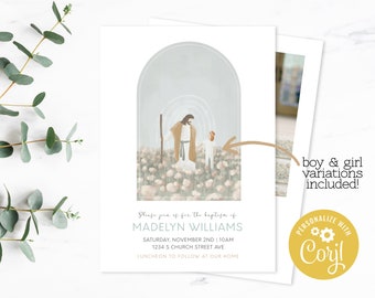 LDS Baptism Invitation with Custom Art Portrait - Corjl Editable Template - Instant Download