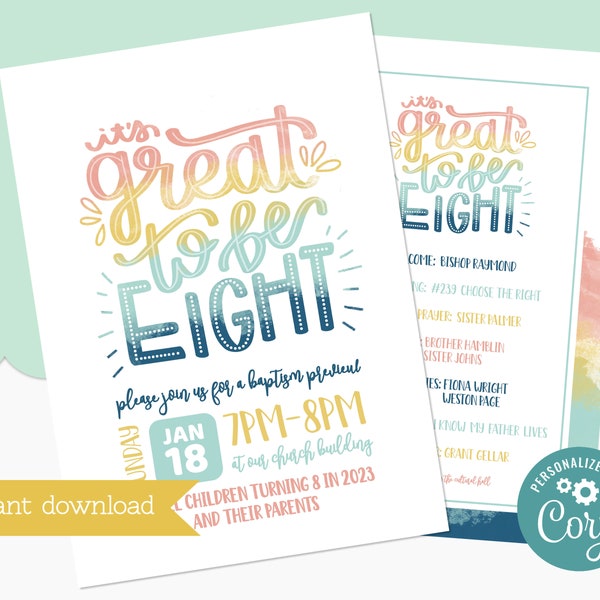 It's Great To Be 8 Invitation and Program - Editable LDS Primary Invitation - Instant Download
