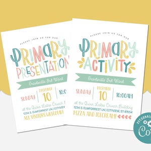 May include: Two white event announcement cards with colorful text. One says "Primary Presentation" and the other "Primary Activity". Both cards include event details: date, time, and location. The cards have a teal, yellow, and pink color scheme.