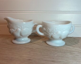 Vintage Westmoreland white Milk Glass Cream and Sugar Set Raised Fruit Pattern