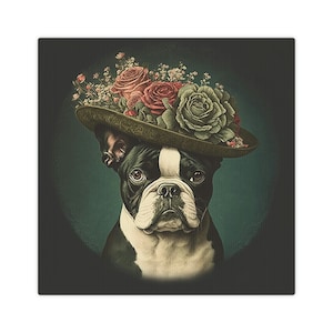 Boston Terrier Dog Print Canvas Tile - Vintage look - 8&quot;x8&quot;
