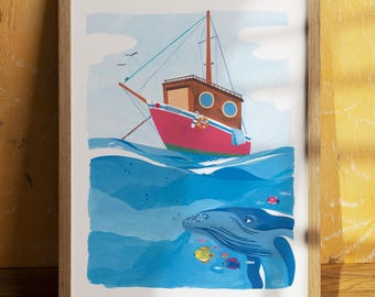 Red boat and whale print | Kid's room Print