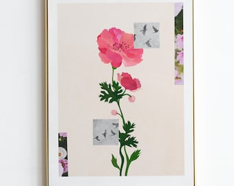 Flowers and birds Print | Made originally in gouache and collage